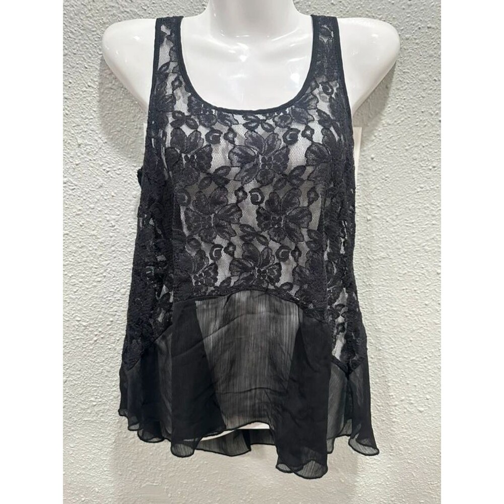 Sheer Black Lace Tank Top Sz Medium Back Zip High Low Cut Whimsygoth Boho Fairy